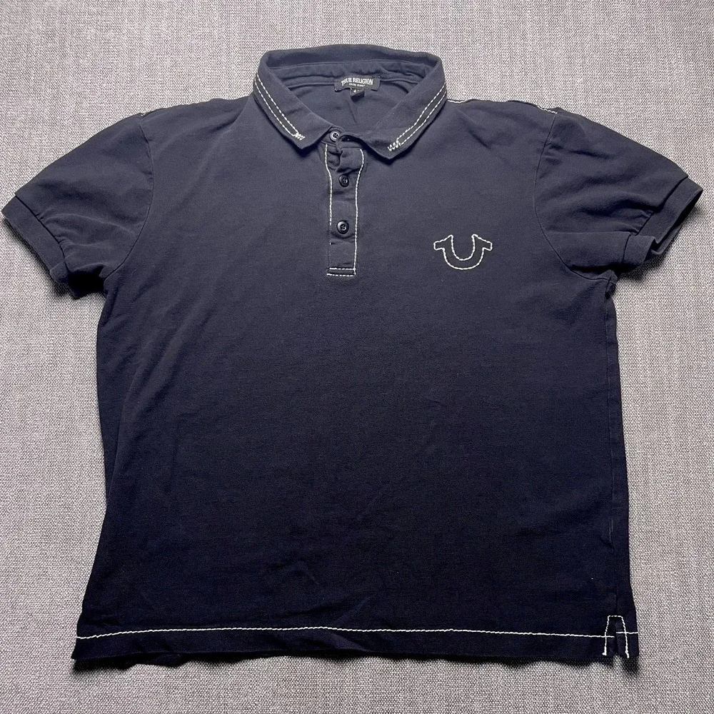 True Religion Mens Small Black Contrast Stitch Embroidered Logo Polo Shirt Golf